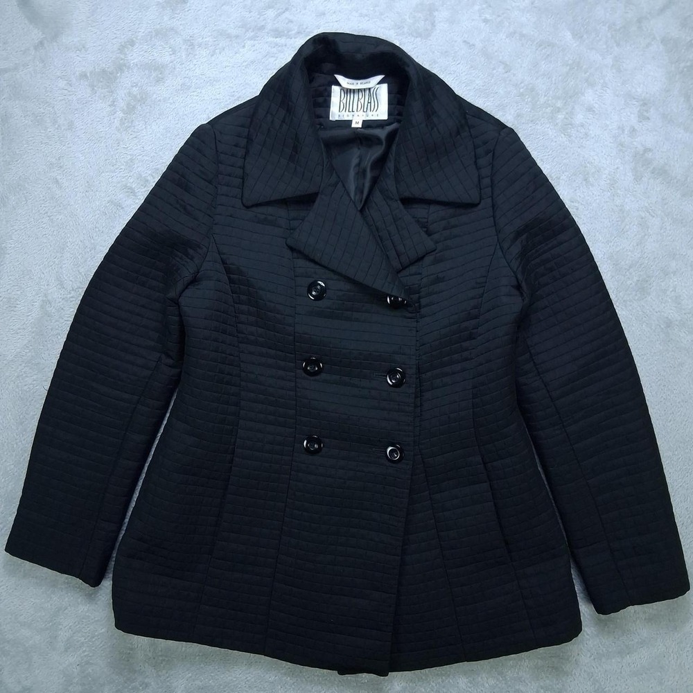Bill Blass Vintage Black Double Breasted Quilted Peacoat Jacket Womens Medium